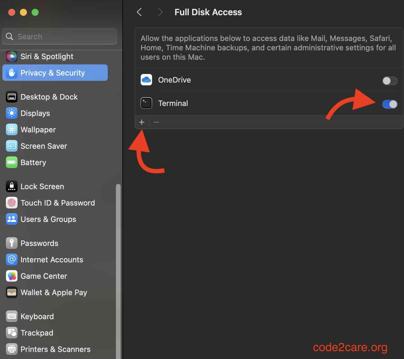 Full Disk Access Mac Add App Option